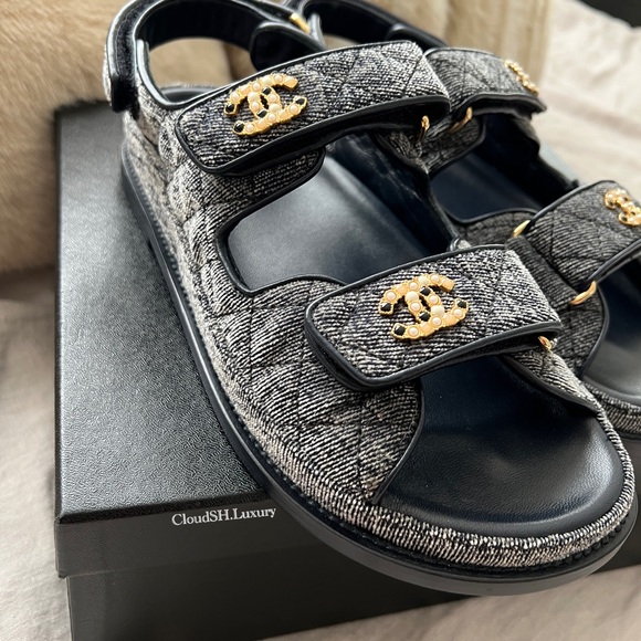 Auth BNIB Chanel 21A Rare Denim Deep Gray Dad Sandals -Size 38 - Picture 2 of 16